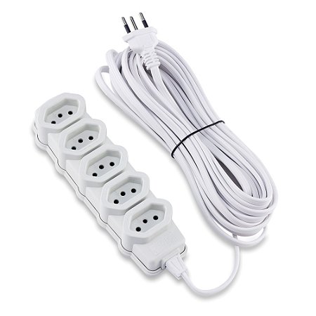 Extensão 5 Tomadas 2P+T 10A 10M Slim Branca - FORCE LINE