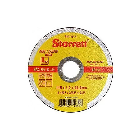 Disco de Corte 115X110X22,2mm 4.1/2"x3/64"x7/8" - STARRET