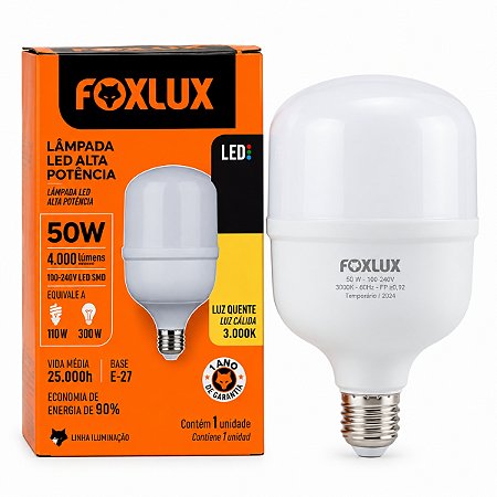 Lâmpada Led Alta Potência E27 50W 3000K BIV - FOXLUX