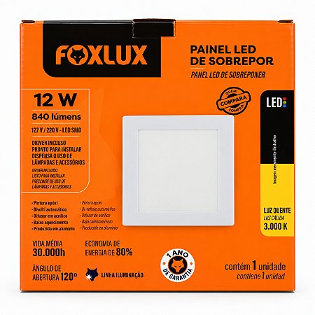 Luminária Led Sobrepor Quadrada 12W 3000K BIV - FOXLUX