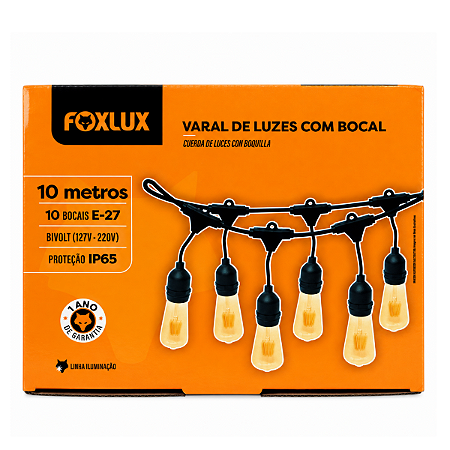 Varal de Luzes C/ Bocal E-27 10m - FOXLUX