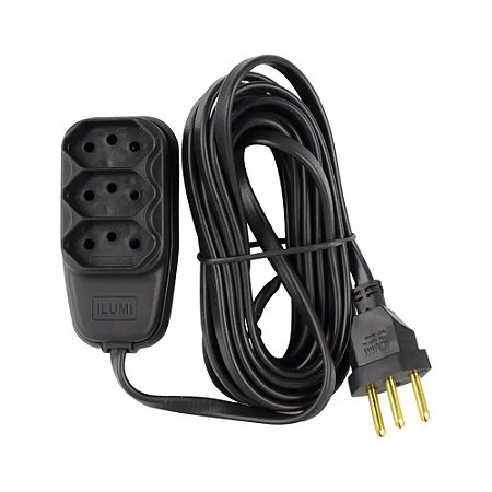 Extensão Compacta Com Cabo PP 3 Vias 5M 2P+T 10A Preta - ILUMI