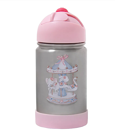 Garrafa Térmica com Canudo de Silicone Carrossel 350ml - Bup Baby