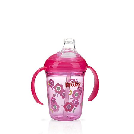 Copo de Bebê Tritan COM ALÇA E BICO DE SILICONE 240ml Rosa +4m - Nûby