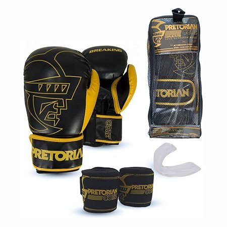 Kit Boxe Muay Thai Pretorian Core Luva Preta e Amarela + Bandagem + Protetor Bucal