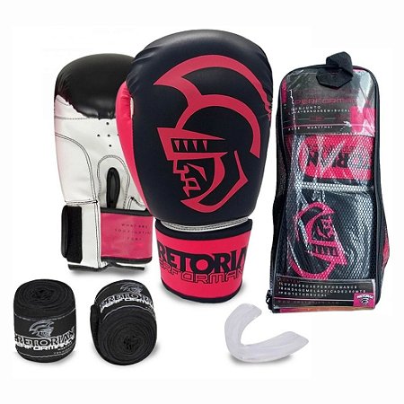 Kit Boxe Muay Thai Pretorian Performance Luva Rosa e Preta + Bandagem + Protetor Bucal