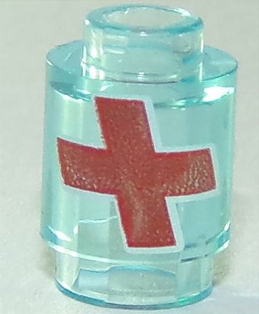 Tijolo Redondo 1x1 aberto com Cruz Vermelha Translúcido Azul Claro