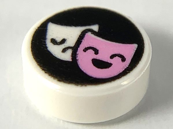 Placa Lisa Redonda 1x1 com desenho de máscaras de teatro de tragédia / comédia branca