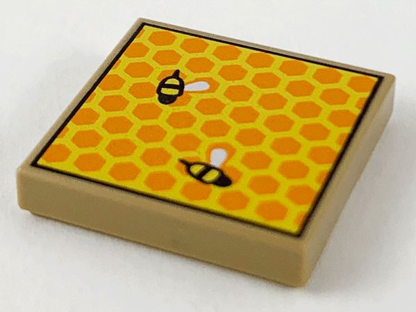 Placa Lisa 2x2  Dark Tan com desenho de colméia e duas abelhas