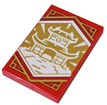 Placa Lisa 2x3 vermelha com desenho de templo Ninjago Dojo branco sobre fundo dourado
