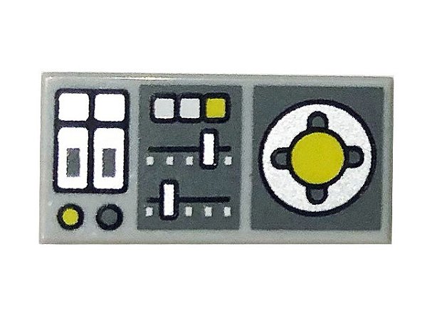 Placa Lisa 1x2 com desenho de painel de controle do veículo e controles deslizantes cinza clara