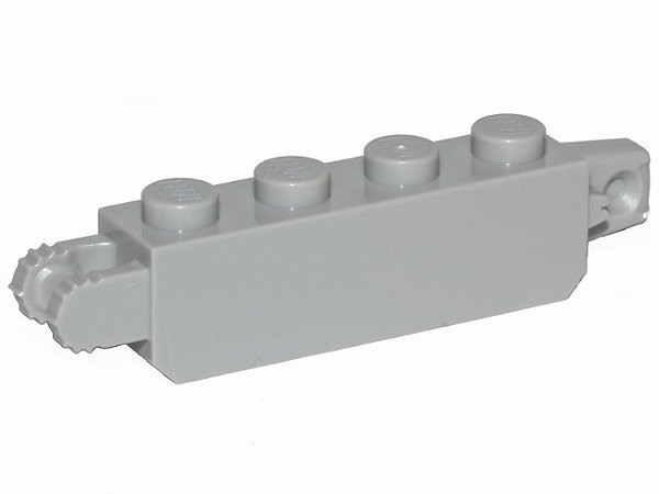 Tijolo 1x4  com dobradiça  de travamento com extremidade vertical de 1 dedo e extremidade vertical de 2 dedos e 7 dentes cinza claro