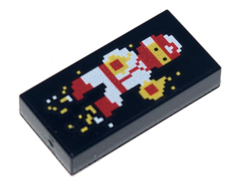 Placa Lisa 1x2 com desenho de Ninja vermelho e branco pixelizado Preta