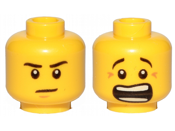 Cabeça dupla face amarela, rosto assustado e rosto sério