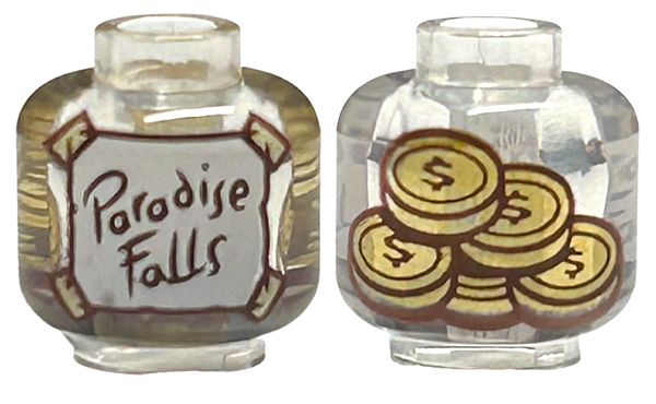 Cabeça sem rosto com etiqueta branca escrita  'Paradise Falls'  e desenho de moedas