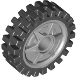 Roda 24x7 cinza clara com raios rasos e pneu fixo de borracha preta