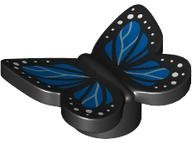 Borboleta preta com suporte de pino com asas azuis e manchas brancas