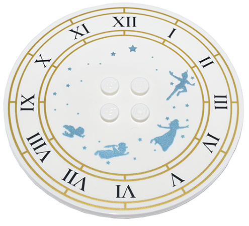 Placa Lisa Redonda 8x8 com 4 studs no centro e desenho de relógio do tema Peter Pan Branca