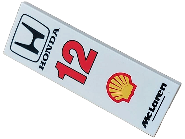 Placa Lisa 2x6 com escrita da 'McLaren' , 'HONDA', 12 e Logo da Shell Branca