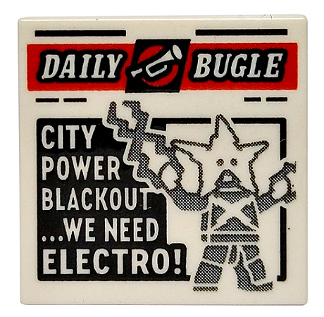 Placa Lisa 2x2 com o jornal 'DAILY BUGLE' e o padrão 'CITY POWER BLACKOUT... WE NEED ELECTRO!'