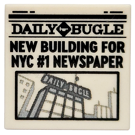 Placa Lisa 2x2 com o Desenho do jornal 'DAILY BUGLE' e 'NEW BUILDING FOR NYC #1 NEWSPAPER'