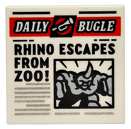 Placa Lisa 2x2 com Desenho do jornal 'DAILY BUGLE' e 'RHINO ESCAPES FROM ZOO!'