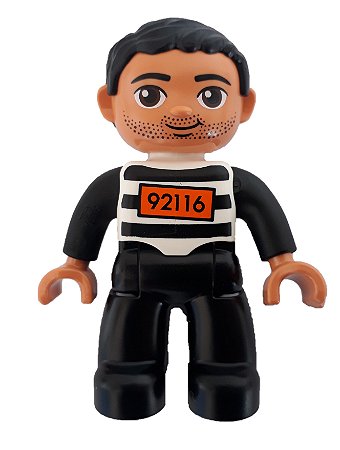 Boneco Lego Duplo Masculino Prisioneiro Pernas Pretas, Top Listrado Preto e Branco