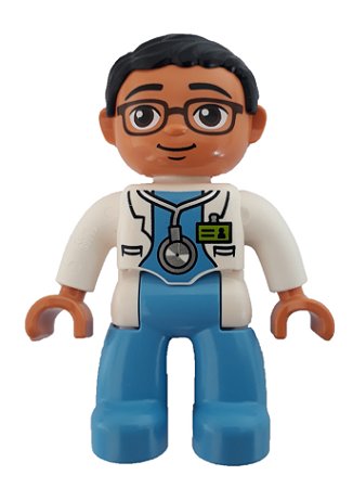 Boneco Lego Duplo Masculino Médico Masculino, Jaleco Branco, Estetoscópio, Óculos, Cabelo Preto