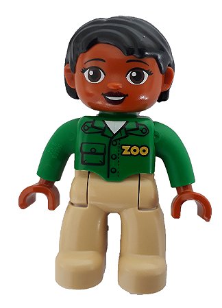 Boneco Lego Duplo Feminino Top Verde com 'ZOO' na Frente, Cabelo Preto, Olhos Castanhos