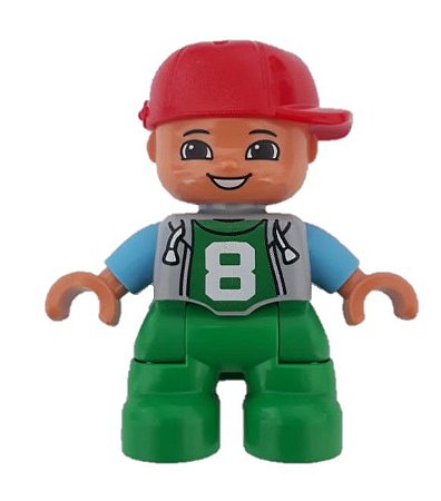 Boneco Lego Duplo Menino pernas verdes, top cinza azulado claro