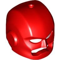 Capacete com protetores de ouvido, olhos brancos e boca com fenda e orifício na parte superior vermelho