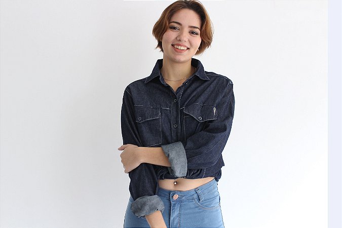 Camisa Feminina manga longa jeans teca - Escura