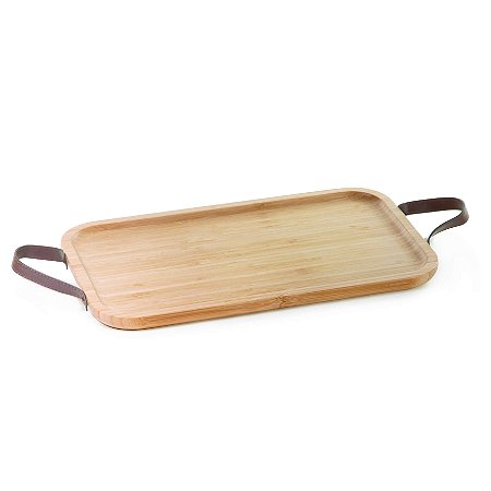 Bandeja Bambu Alça Couro 28cm