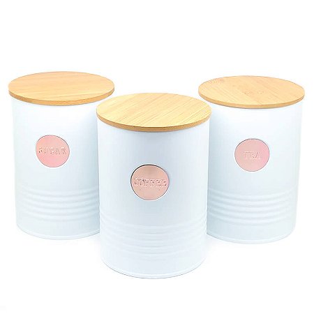 Pote Porta Mantimento - Tampa Bambu 3 Latas Branco Circular