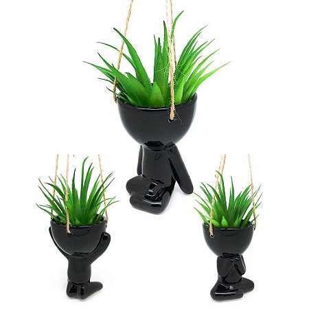 Kit 3 Vasos Cachepô Pendentes em Cerâmica Bob Homenzinho Preto