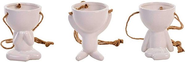 Kit 3 Vasos Cachepô Pendentes em Cerâmica Bob Homenzinho Branco