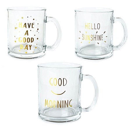 Kit 3 Canecas de Vidro - Estampa Dourada