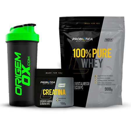 Combo Probiótica - 100% Pure Whey Refil 900g + Creatina (Creapure) 150g + Coqueteleira 600ml (Origem Ox)