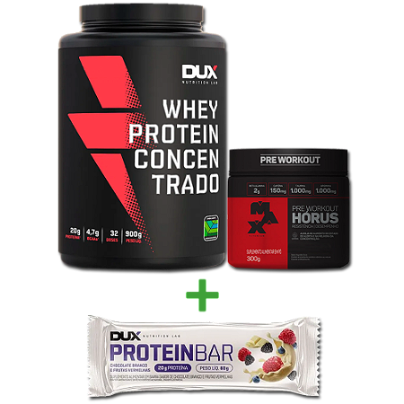 Whey Concentrado + Pré-Treino Hórus + Brinde Barra de Proteína