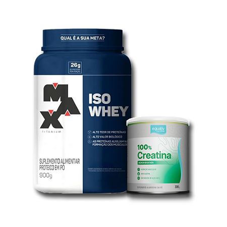 COMBO Iso Whey 900g - Pote - Max Titanium + Creatina 300g - Equaliv - Morango
