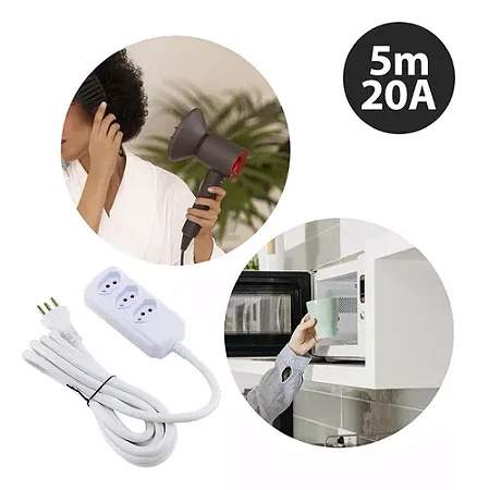 Extensão 3 Tomadas Tripolar 20A 5M Branco