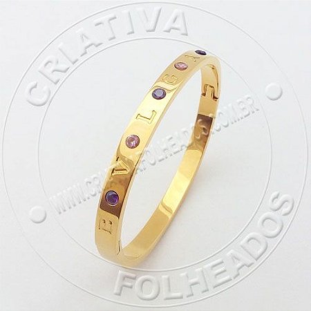 Bracelete Pulseira BV Com Cristais Rosa e Lilas Inox