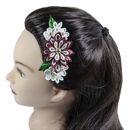 Pente para cabelo, japonesa em flor de fita - Kanzashi - Modelo Aika
