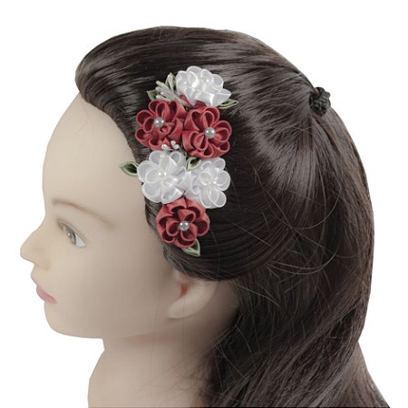 Pente para cabelo floral, estilo japonesa em fita - Kanzashi - Modelo Hinata