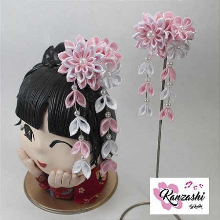 Conjunto presilha - Tal mãe, tal filha. Kanzashi, estilo japonês. Mod. Gérbera.