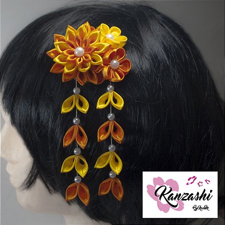 Presilha em flor de Kanzashi. Modelo Gérbera