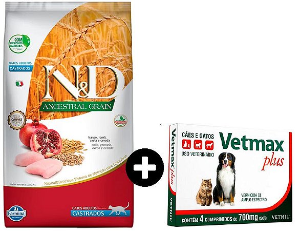 Kit Combo Ração Farmina N&D Ancestral Grain Frango Gatos Adultos Castrados 7,5kg + Vermífugo Vetmax plus 4 comprimidos de 700mg cada