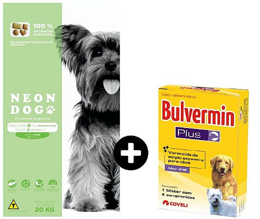 Kit Combo Ração Neon Dog Adulto Frango Raças Pequenas e Minis 20kg  + Vermífugo para Cães Bulvermin  Plus 4 comprimidos.
