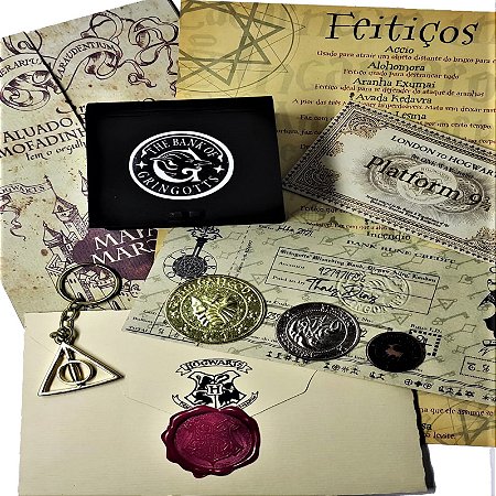 Moedas de Gringotts Harry Potter + Carta Personalizada + Mapa do Maroto + 7 itens