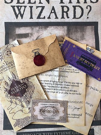 kit aceitação Hogwarts Harry Potter luxo com carta personalizada e selo emborrachado + mapa do maroto + nightbus + bilhete da plataforma